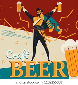 Craft beer vector illustration of retro advertisement poster for bar or pub with revolutionary concept. Cartoon vintage design of grenadier or revolution soldier man with beer mug in raised hand