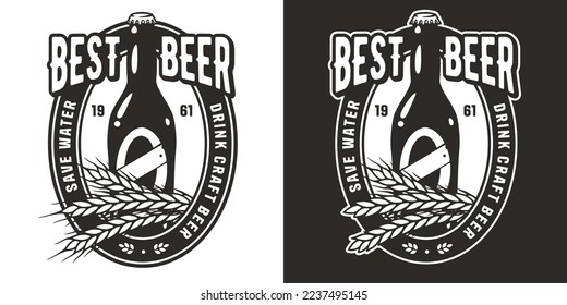 Craft beer vector logo with bottle and barley for brewery or factory. Emblem or print with grains of wheat and drink for pub, bar or beer store.