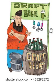 Craft beer vendor. Bearded hipster trades with self made original beer. Food and beer festival.