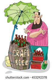 Craft beer vendor. Bearded hipster trades with self made original beer. Food and beer festival.