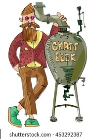 Craft beer vendor. Bearded hipster trades with self made original beer. Food and beer festival.