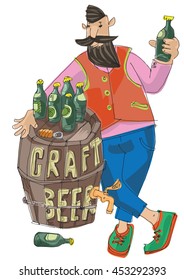 Craft beer vendor. Bearded hipster trades with self made original beer. Food and beer festival.