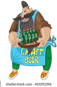 Craft beer vendor. Bearded hipster trades with self made original beer. Food and beer festival.