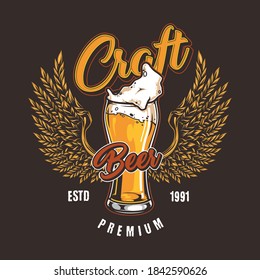 Craft beer vintage colorful label with glass of foamy drink and wheat ears in eagle wings shape isolated vector illustration