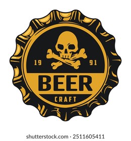 Craft beer vintage emblem colorful with glass bottle cap with skull and crossbones for pirate style bar design vector illustration