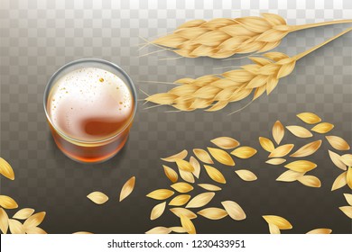 Craft beer or whiskey in glass beaker with barley or wheat ears and grains scattering around realistic vector isolated on transparent background. Elite alcohol drink from natural material illustration