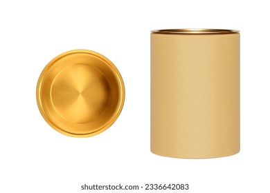 Craft beige cylindrical cardboard box with gold lid isolated from background. Top view of the metal cover. Gift paper tube template for tea, coffee, perfume and alcohol products. Mockup for branding