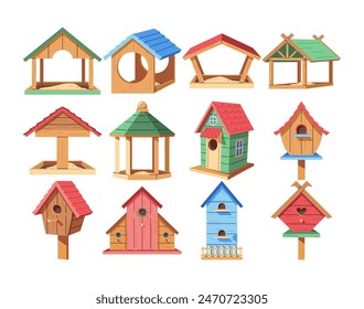 Craft birdhouses and birdfeeders 2D cartoon objects set. Small feeders and homes for birds flat line vector elements white background