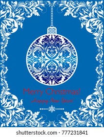 Craft blue greeting for winter holidays with decorative cut out floral border and hanging ball