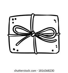 Doodle de la caja de naves. Regalo de la caja de regalo dibujada a mano con regalo rústico. Imagen vectorial aislada. Logo de la tienda de regalos. Símbolo gráfico resaltado por medios