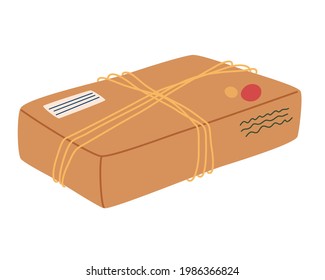 Craft box package with rope. Paper containers, box. Postal package. No plastic, save the planet. Vector flat illustrations. Isolated against white background