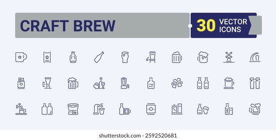 Craft Brew minimal icon set. Contain linear outline icons glass, can, brewer, alc, craft, wheat and more. Outline icon collection. Editable stroke. Vector collection.