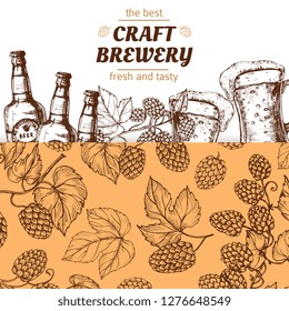 Craft brewery banner template with hand drawn hops and beer. Illustration of brewery beer alcohol, poster oktoberfest vintage