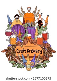 Craft brewery beer production people hops barrels. Three diverse characters surrounded by beer bottles mugs hops leaves wheat in colorful design. Perfect for brewery branding