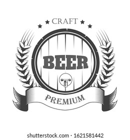 Craft brewery, beer pub isolated icon, wooden barrel, organic alcohol drink vector. Hop and barley ingredients, factory original recipe emblem or logo. Natural beverage production, refreshment brewing