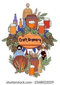 Craft brewery concept beer barrels hops. People with beer mugs surrounded by barrels bottles hops and leaves in a colorful design. Perfect for website or poster