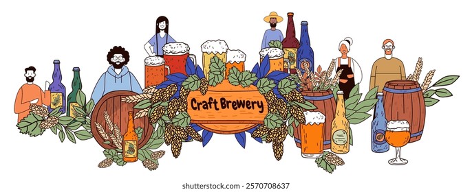 Craft brewery concept with diverse people hops barrels and beer bottles in a colorful arrangement showcasing brewing culture. Suitable for banners or websites