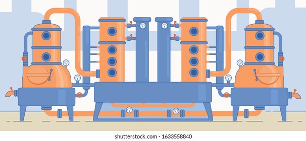 Craft Brewery Equipment and Machinery. Factory Technological Line for Beer and Ale. Family and Farmers Small Production and Alcoholic Beverages Commercial Manufacturing. Flat Vector Illustration.