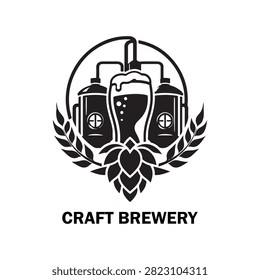 Craft Brewery logo showcases an elaborate circular design featuring traditional beer barrels and fresh brewing hops. This rustic, professional design is perfect for craft beer labels, microbrewery startups, rustic pubs, beverage manufacturers, or brewing supply companies requiring an established identity that emphasizes natural ingredients and brewing heritage.