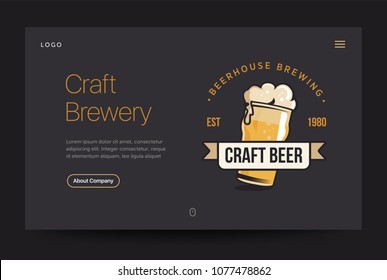 Craft brewery or pub website template. Beer glass web banner. Vintage retro illustration. Home page concept. UI design mockup.