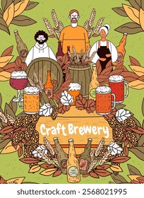 Craft brewery scene with diverse characters surrounded by beer bottles barrels hops leaves and wheat on a green background