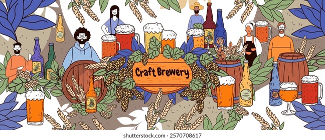 Craft brewery scene with people beer barrels hops bottles and glasses surrounded by leaves and grains colorful design for website banner