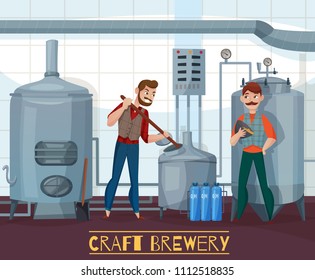 Craft brewery, smiling workers during beer production on industrial equipment cartoon vector illustration