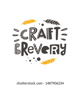 Craft brewery stylized lettering with malts. Vector grunge style typography with ink drops. Isolated hand drawn phrase. Poster, banner, print, pub, bar menu design element