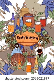 Craft brewery theme with beer barrels hops leaves and diverse people surrounded by beer mugs bottles and wheat in vibrant colors