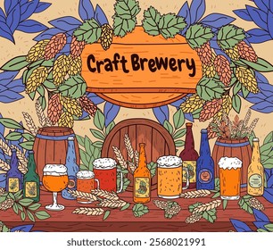 Craft brewery theme with beer bottles hops barrels vibrant leaves and wheat on a rustic table colorful design ideal for banners or packaging