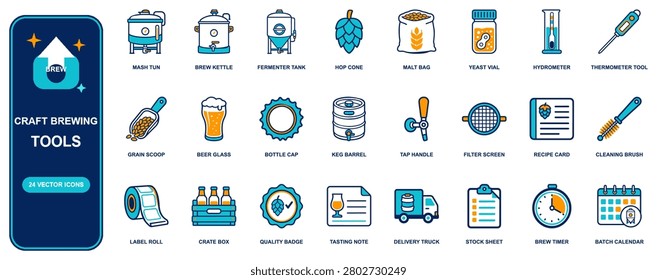 Craft Brewing flat icon set. 24 vector line icons: mash tun, brew kettle, fermenter tank, hop cone, malt bag, yeast vial, hydrometer, thermometer. Editable isolated symbols for web, app and infographi
