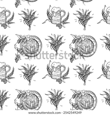 Craft brewing on repeated vector texture. Wooden beer barrel and bunch of wheat ears black white seamless pattern isolated. Tankard with foam beer and hops plant hand drawn for label, packaging.
