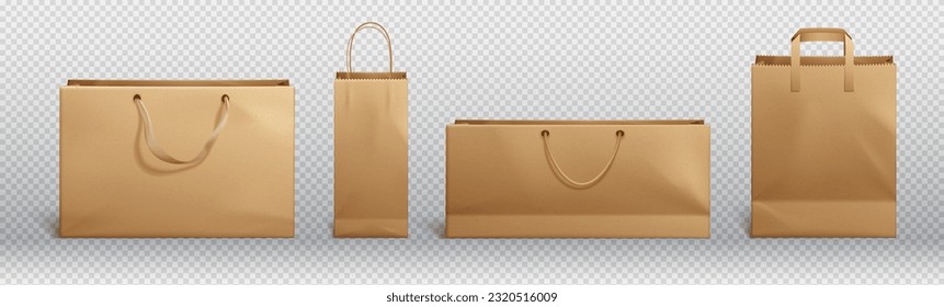 Craft brown paper bag and handle vector mockup. Shopping package mock up to carry food front view icon merchandising design collection. 3d retail reusable branding merchandise illustration