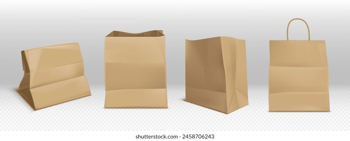 Craft brown paper bags mockup. Realistic vector illustration set of takeaway and food shopping package with and without handles. Blank grocery kraft packet template. Empty supermarket paperbag.