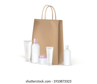 Craft brown paper shopping bag with cosmetic tubes around. Gift idea mockup template. Present for woman
