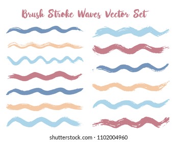 Craft brush stroke waves vector set. Hand drawn blue purple brushstrokes, ink splashes, watercolor splats, hand painted curls. Interior colors guide book elements. Wavy stripes vector set.
