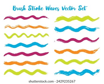 Craft brush stroke waves vector set. Hand drawn cyan green brushstrokes, ink splashes, watercolor splats, hand painted curls. Interior colors guide book elements. Textured waves, stripes design.