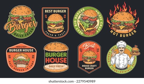 Craft Burger colorful set stickers with appetizing hamburgers and cheeseburgers for fast food cafe corporate identity vector illustration