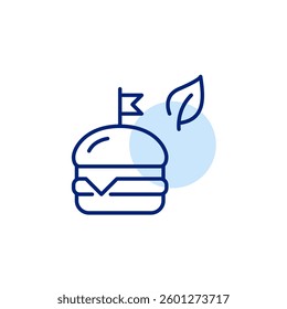 Craft burger and leaf. Vegan or vegetarian diet. Healthy fast food, organic natural ingredients. Plant-based fast food. Pixel perfect, editable stroke vector icon