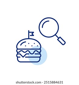 Craft burger and magnifying glass. Food search and discovery, ingredient check for online order and gourmet review for restaurant guides. Pixel perfect, editable stroke icon