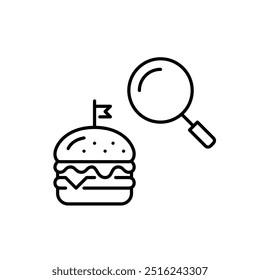 Craft burger and magnifying glass. Food search and discovery, ingredient check for online order and gourmet review for restaurant guides. Pixel perfect vector icon