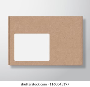 Craft Cardboard Box Container with Clear White Square Label Template. Realistic Carton Texture Packaging Mock Up with Soft Shadow. Isolated.