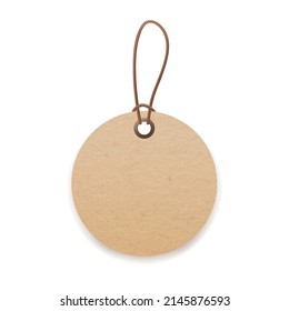 Craft cardboard label with loop and cord. Round kraft paper price tag mockup. Blank circle card hanging on string, twine. Beige badge on rope. Vector illustration isolated on white background