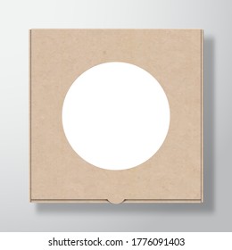 Craft Cardboard Pizza Box Container with Clear White Round Label Template. Realistic Carton Texture Paper Packaging Mock Up with Soft Shadow. Isolated.