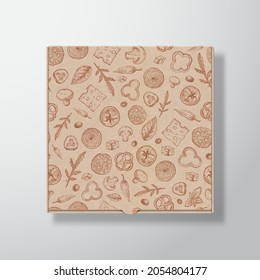 Craft Cardboard Pizza Box Container Template. Realistic Carton Texture Paper Packaging Mock Up with Hand Drawn Food Illustrations Sketch Pattern and Soft Shadow. Isolated.