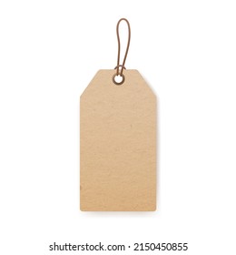 Craft cardboard price tag on cord. Blank kraft paper label hanging on string. Eco carton beige brown badge mock up for products. Realistic vector graphic illustration isolated on white background