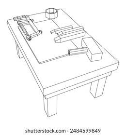 Craft carpentry workbench workshop interior. Wireframe low poly mesh vector illustration