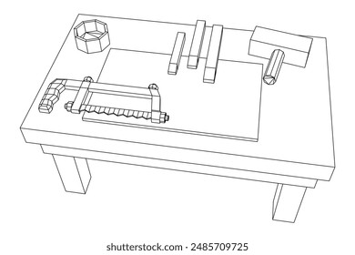 Craft carpentry workbench workshop interior. Wireframe low poly mesh vector illustration