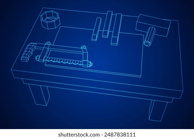Handwerk Schreinerei Werkbank Werkstatt Interieur. Drahtmodell-Vektorillustration mit niedrigem Polynetz