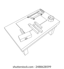 Craft carpentry workbench workshop interior. Wireframe low poly mesh vector illustration